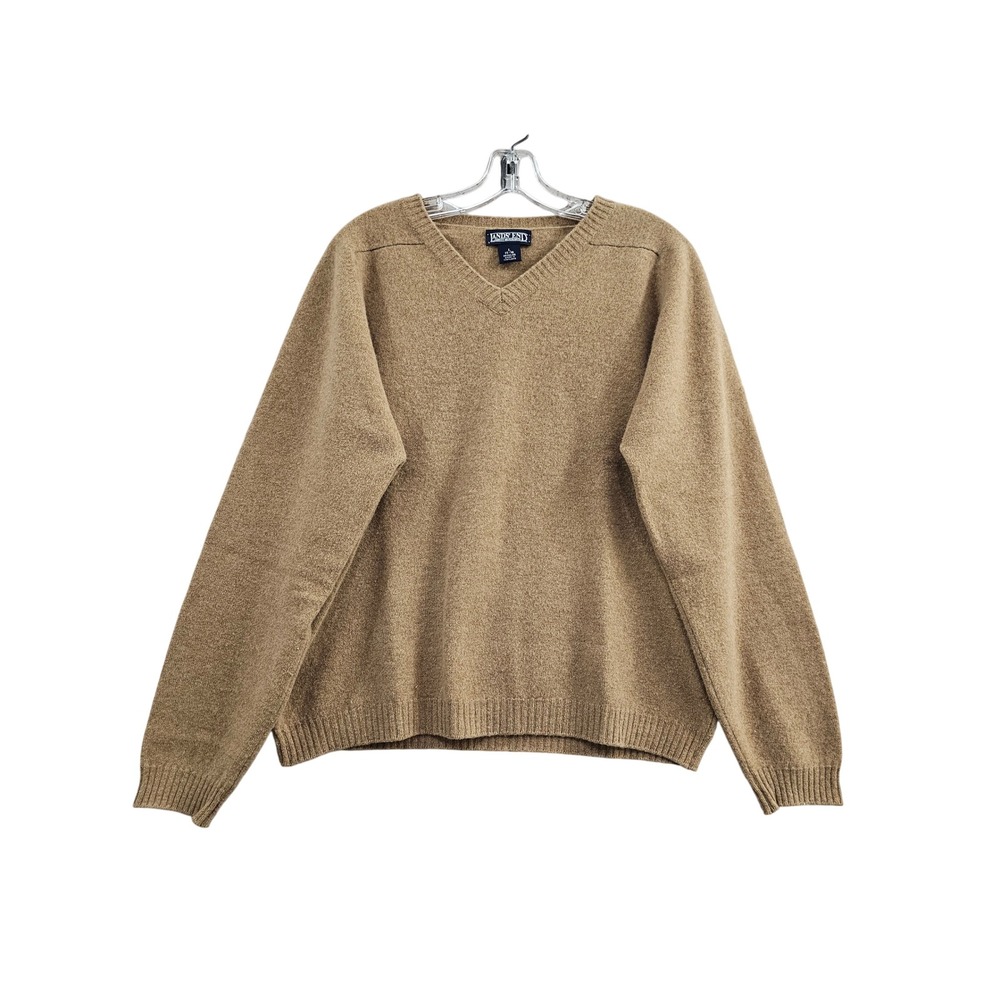 Lands End V-Neck Sweater Women L 14-16 Tan 100% Lambswool Scotland Knit Pullover